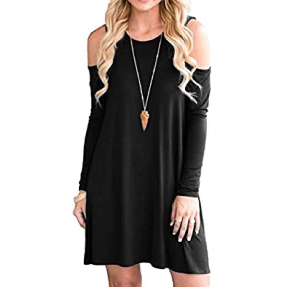 OFEEFAN Women's Cold Shoulder Tunic Top T-Shirt Swing Dress with Pockets
